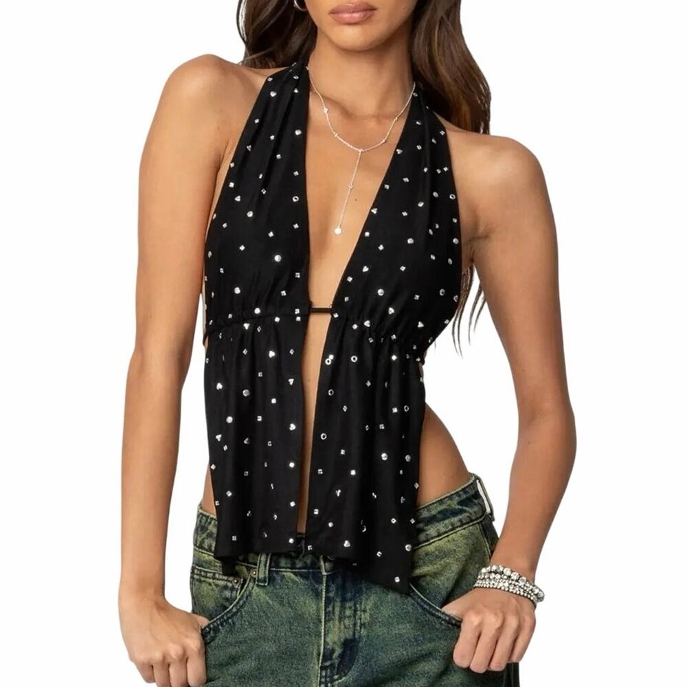 Gimaguas Mia Top M Black Silver Studded Open Back Club Party Festival Rave NWT